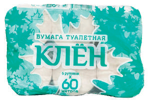 Туалетная бумага «Клён», однослойная, серая, 6 рулонов по 60 м, без втулки